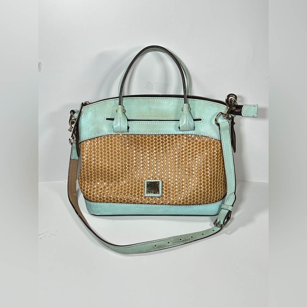 Dooney & Bourke Beacon Woven Embossed Domed Satchel Bag Pale Blue Distressed